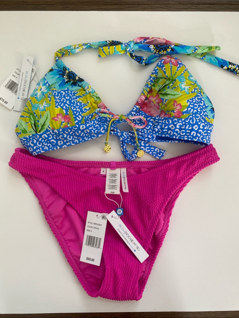 Bleu Rod Beattie Bikini Set NWT Sz 8 Pink Textured Bottom Floral Halter Top NWT